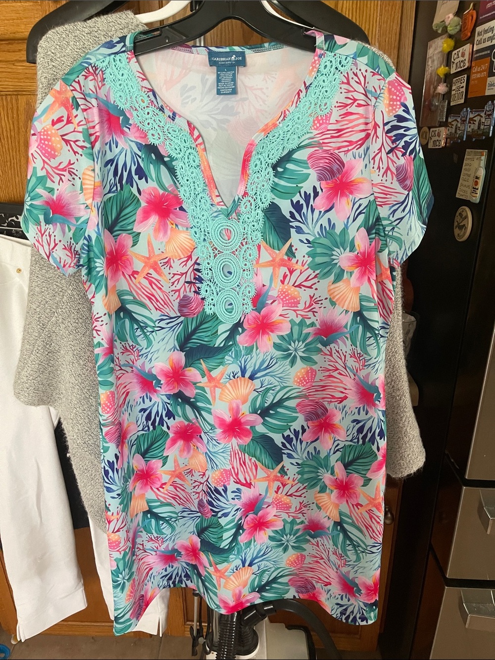 Caribbean Joe Teal & Pink Tropical Hawaiian Short Sleeve Dress Large